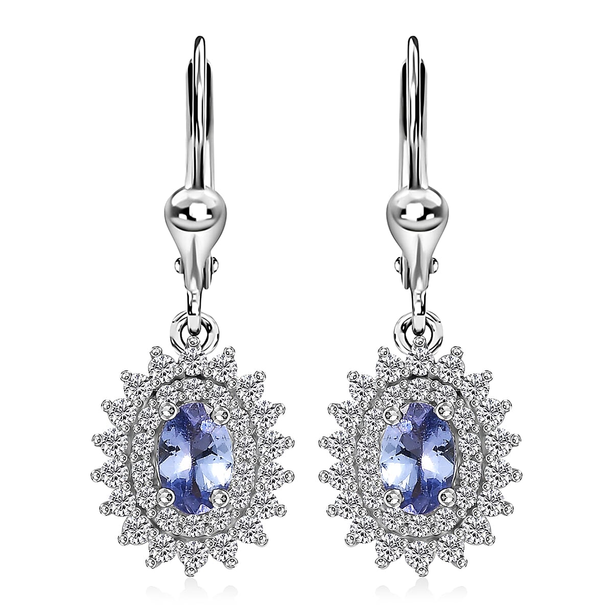 Tanzanite and White Zircon 2.00 ctw Dahlia Flower Lever Back Earrings in Rhodium Over Sterling Silver