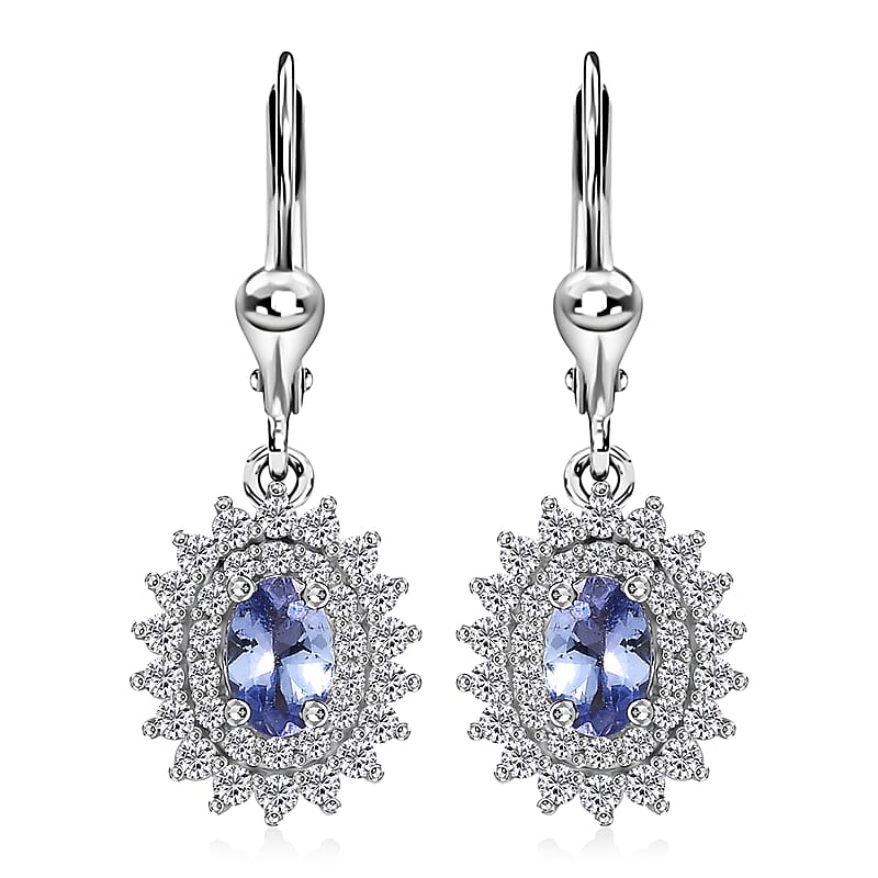 Tanzanite and White Zircon 2.00 ctw Dahlia Flower Lever Back Earrings in Rhodium Over Sterling Silver