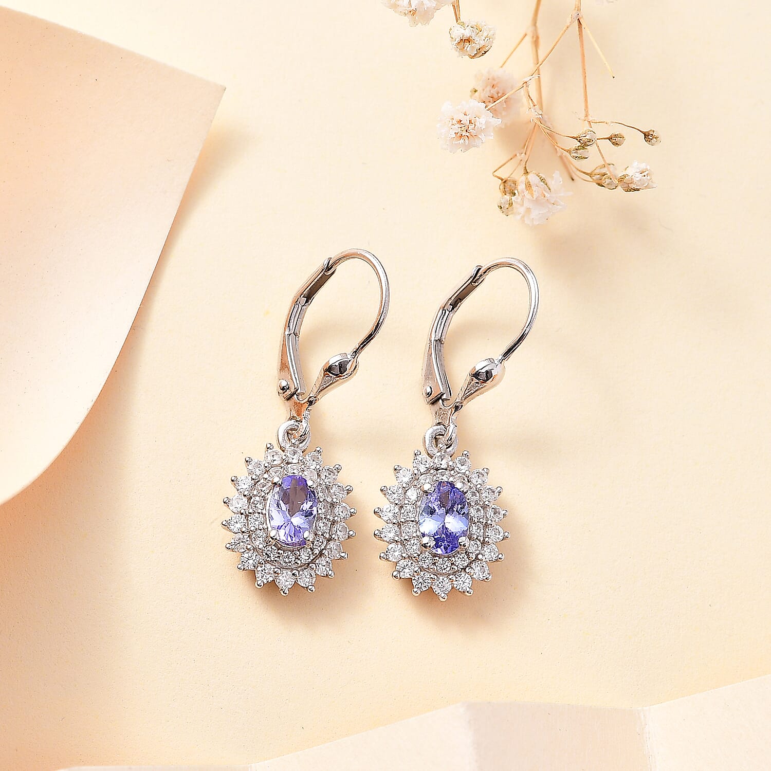 Tanzanite and White Zircon 2.00 ctw Dahlia Flower Lever Back Earrings in Rhodium Over Sterling Silver