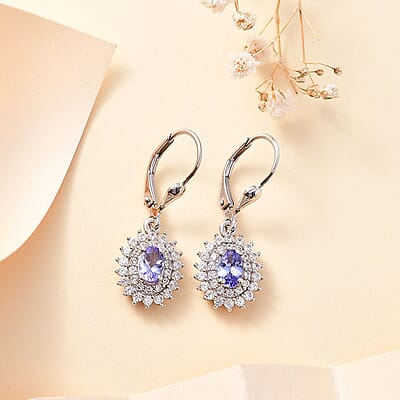 Tanzanite and White Zircon 2.00 ctw Dahlia Flower Lever Back Earrings in Rhodium Over Sterling Silver