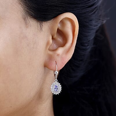 Tanzanite and White Zircon 2.00 ctw Dahlia Flower Lever Back Earrings in Rhodium Over Sterling Silver