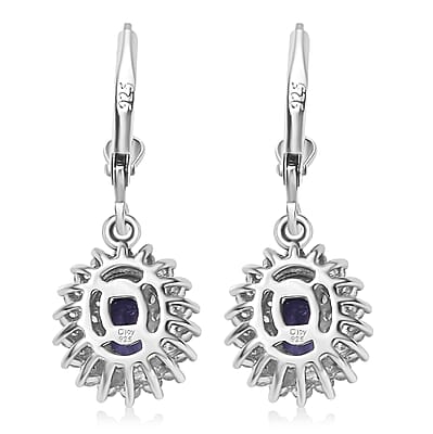 Tanzanite and White Zircon 2.00 ctw Dahlia Flower Lever Back Earrings in Rhodium Over Sterling Silver