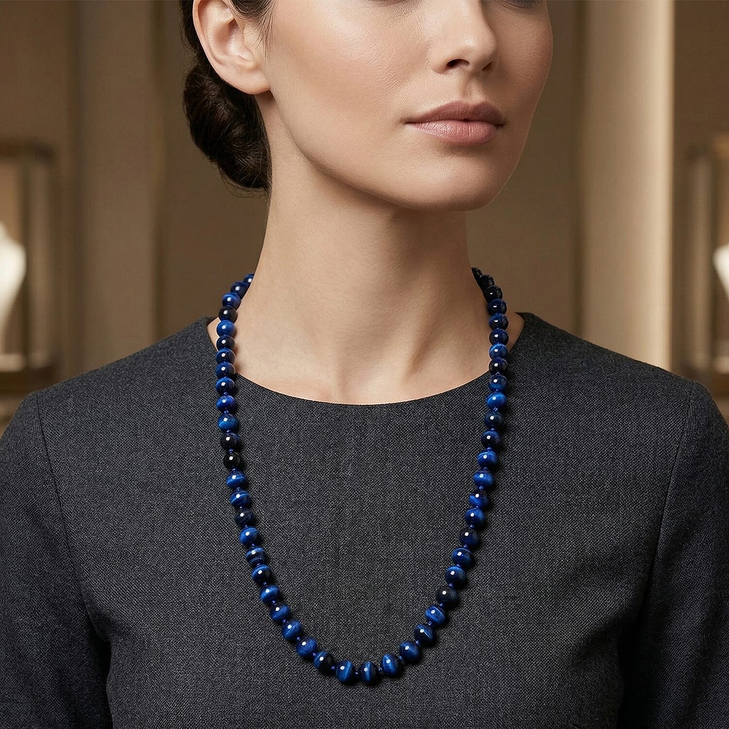 Blue Tiger’s Eye (D) 200.00 ctw Necklace in Rhodium Over Sterling Silver 20 Inches 