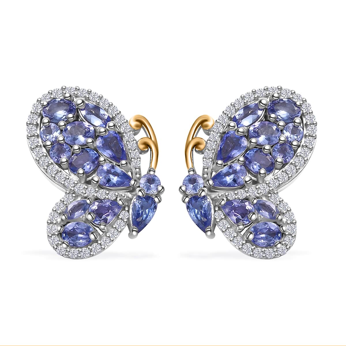 Tanzanite and White Zircon 4.35 ctw Butterfly Earrings in 18K Vermeil YG and Rhodium Over Sterling Silver image number 0