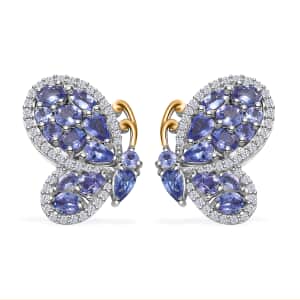 Tanzanite and White Zircon 4.35 ctw Butterfly Earrings in 18K Vermeil YG and Rhodium Over Sterling Silver