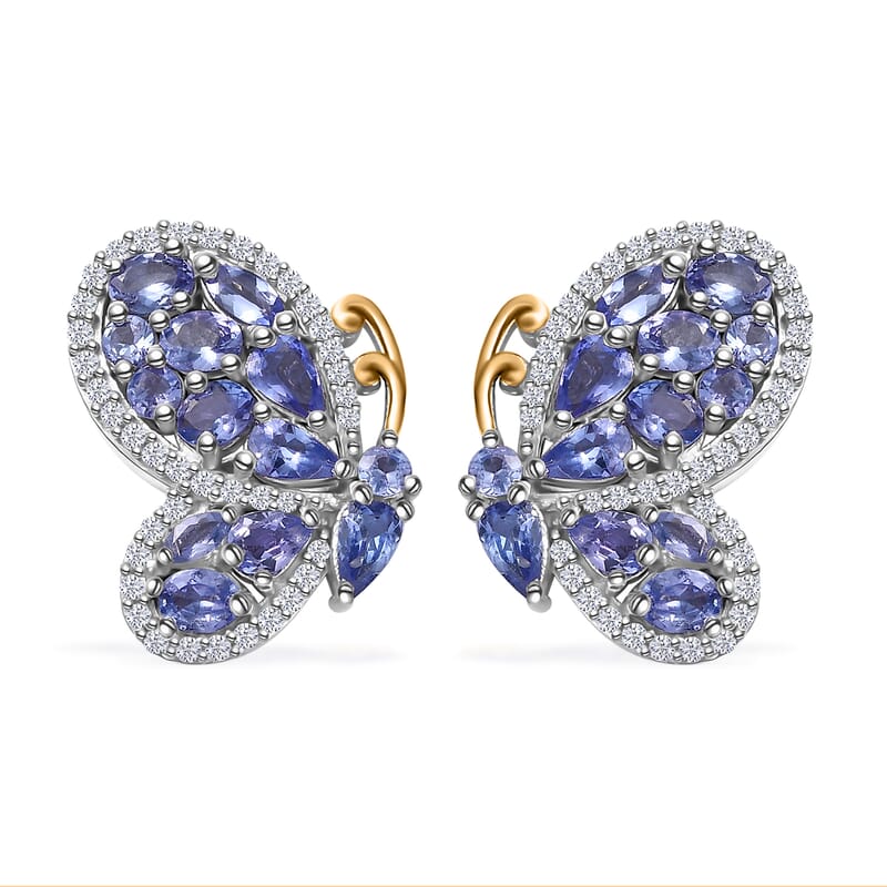 D'Joy Tanzanite and White Zircon 4.35 ctw Butterfly Earrings in 18K Vermeil YG and Rhodium Over Sterling Silver