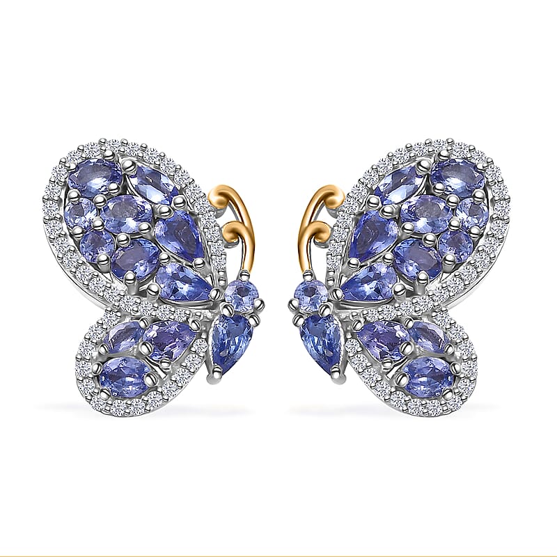 D'Joy Tanzanite and White Zircon 4.35 ctw Butterfly Earrings in 18K Vermeil YG and Rhodium Over Sterling Silver