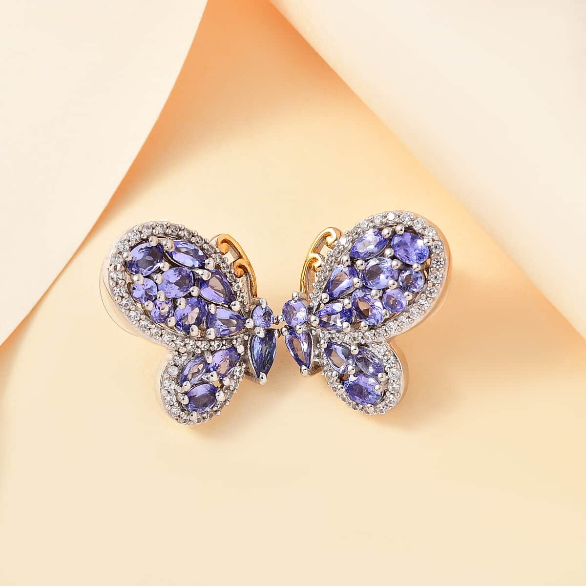 Tanzanite and White Zircon 4.35 ctw Butterfly Earrings in 18K Vermeil YG and Rhodium Over Sterling Silver image number 1