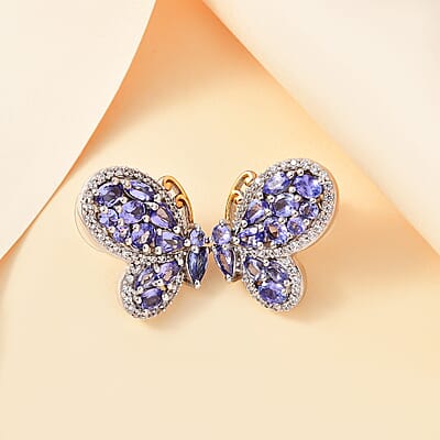 D'Joy Tanzanite and White Zircon 4.35 ctw Butterfly Earrings in 18K Vermeil YG and Rhodium Over Sterling Silver