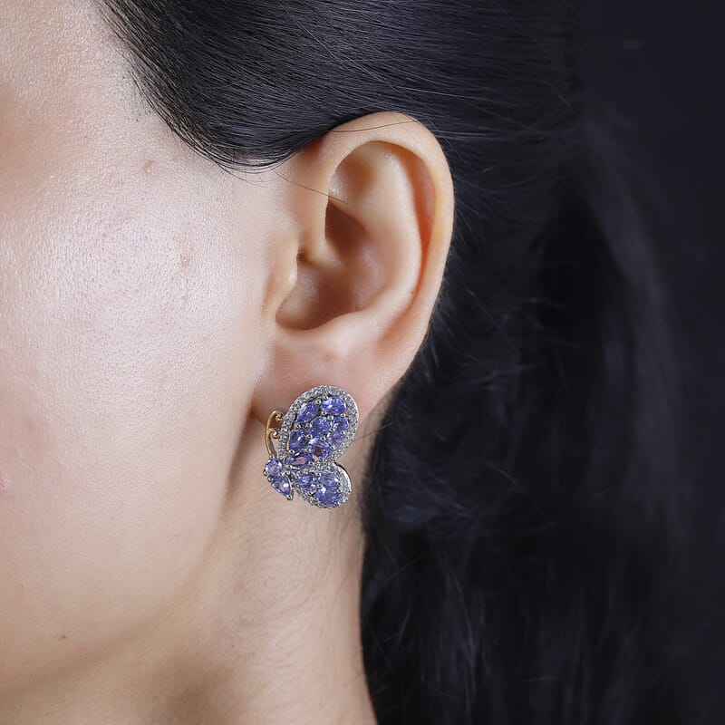 D'Joy Tanzanite and White Zircon 4.35 ctw Butterfly Earrings in 18K Vermeil YG and Rhodium Over Sterling Silver