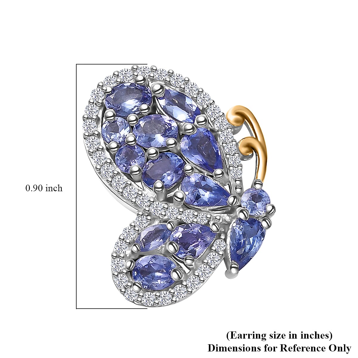 D'Joy Tanzanite and White Zircon 4.35 ctw Butterfly Earrings in 18K Vermeil YG and Rhodium Over Sterling Silver
