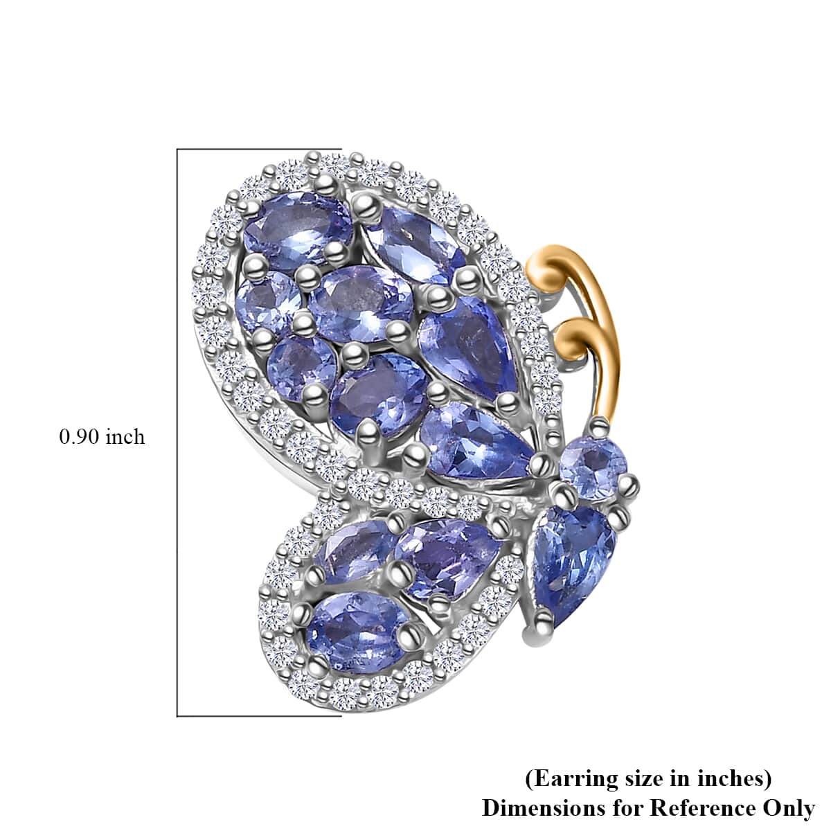 Tanzanite and White Zircon 4.35 ctw Butterfly Earrings in 18K Vermeil YG and Rhodium Over Sterling Silver image number 4