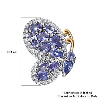D'Joy Tanzanite and White Zircon 4.35 ctw Butterfly Earrings in 18K Vermeil YG and Rhodium Over Sterling Silver