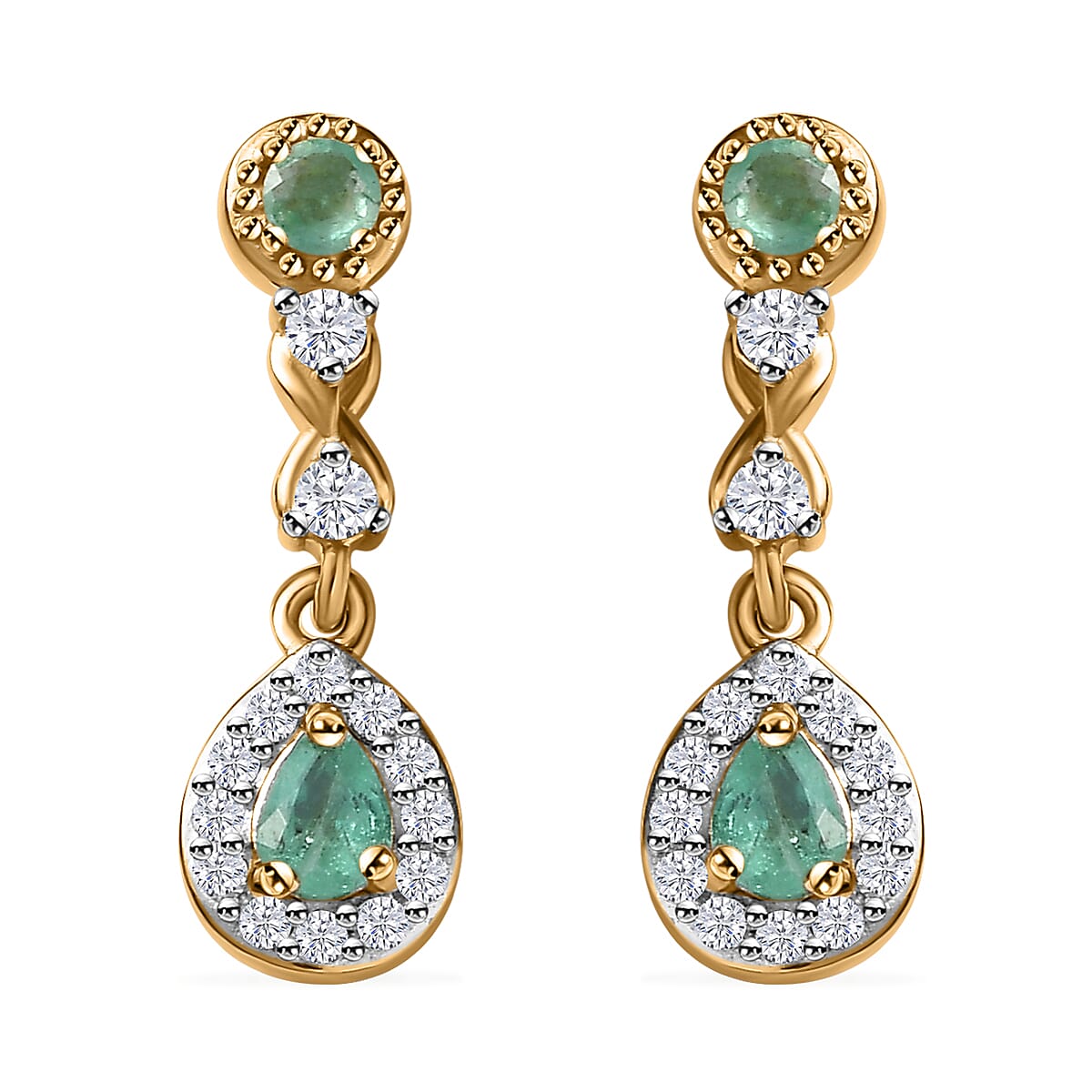 Boyaca Colombian Emerald and White Zircon 1.35 ctw Infinity Dangle Earrings in 18K Vermeil Yellow Gold Over Sterling Silver image number 0