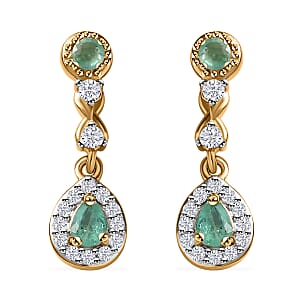Boyaca Colombian Emerald and White Zircon 1.35 ctw Infinity Dangle Earrings in 18K Vermeil Yellow Gold Over Sterling Silver