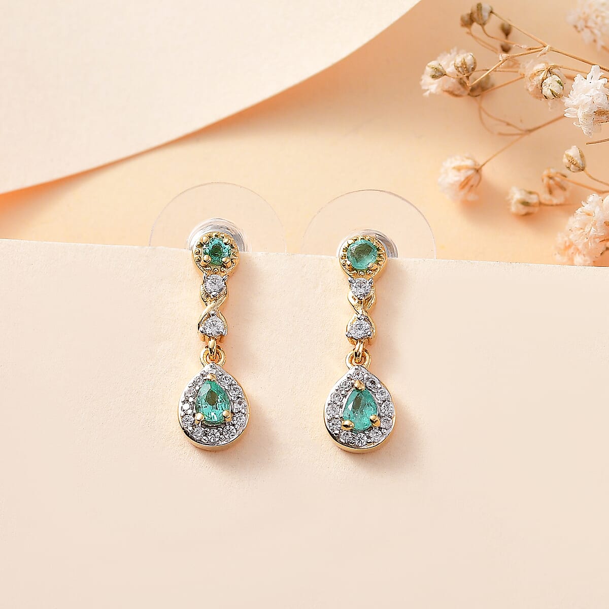 Boyaca Colombian Emerald and White Zircon 1.35 ctw Infinity Dangle Earrings in 18K Vermeil Yellow Gold Over Sterling Silver image number 1