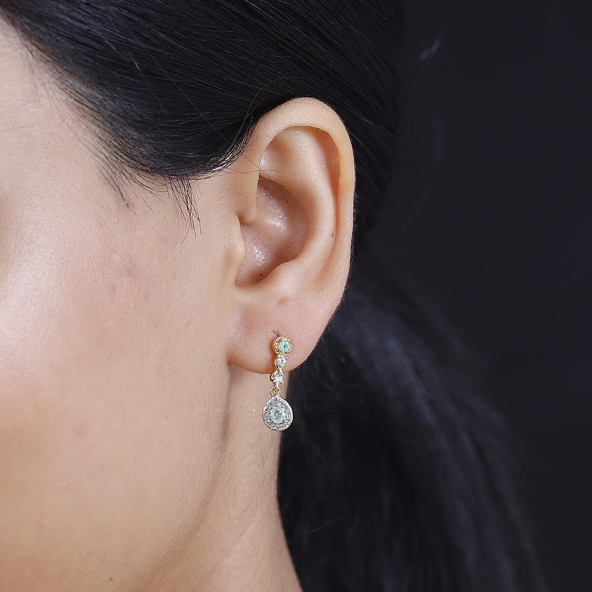 Boyaca Colombian Emerald and White Zircon 1.35 ctw Infinity Dangle Earrings in 18K Vermeil Yellow Gold Over Sterling Silver image number 2