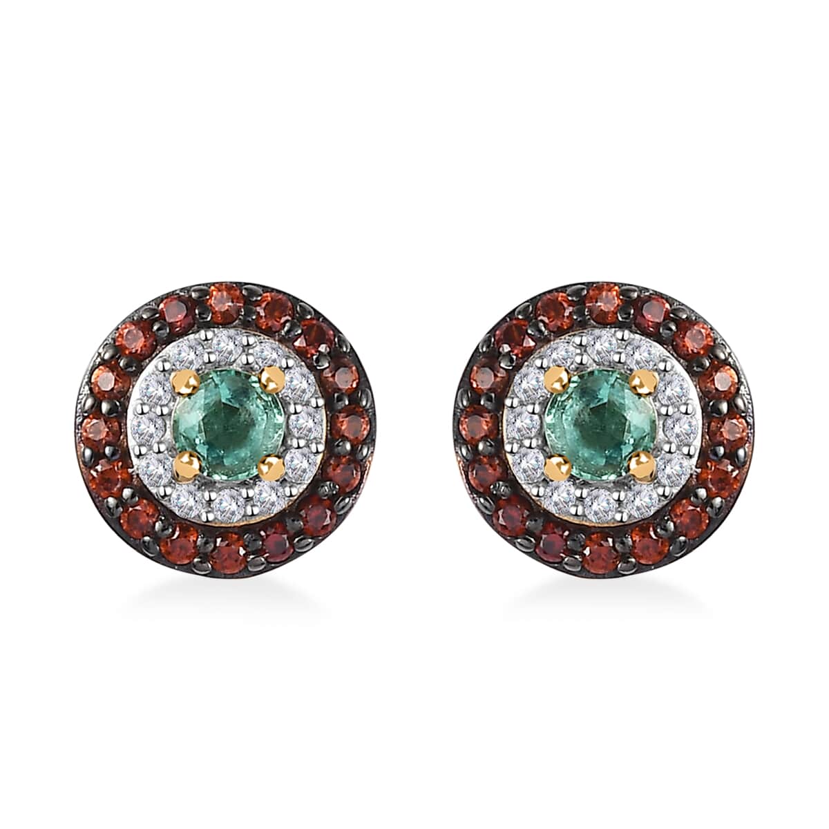 Boyaca Colombian Emerald, Brown and White Zircon 0.85 ctw Mystic Halo Earrings in 18K Vermeil Yellow Gold Over Sterling Silver image number 0