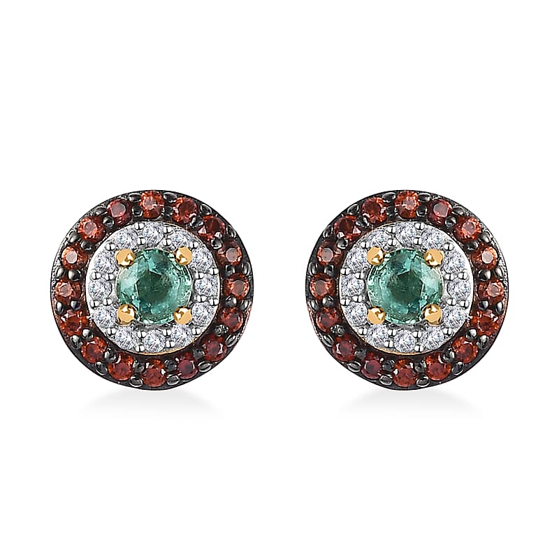 D'Joy Boyaca Colombian Emerald, Brown and White Zircon 0.85 ctw Mystic Halo Earrings in 18K Vermeil Yellow Gold Over Sterling Silver