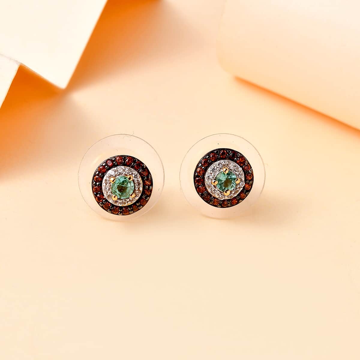 Boyaca Colombian Emerald, Brown and White Zircon 0.85 ctw Mystic Halo Earrings in 18K Vermeil Yellow Gold Over Sterling Silver image number 1