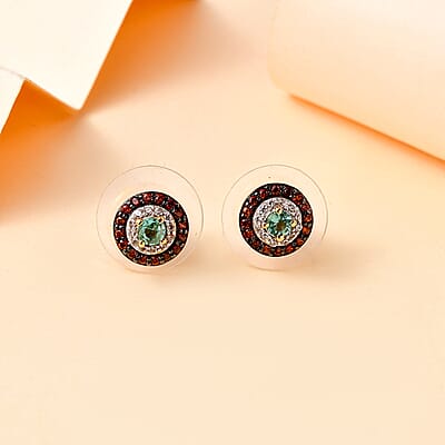 D'Joy Boyaca Colombian Emerald, Brown and White Zircon 0.85 ctw Mystic Halo Earrings in 18K Vermeil Yellow Gold Over Sterling Silver