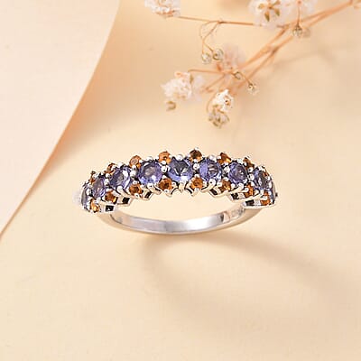 Tanzanite and Jalisco Fire Opal 1.20 ctw Sunset Ring in Rhodium Over Sterling Silver (Size 10.0)