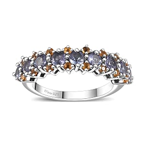 Tanzanite and Jalisco Fire Opal 1.20 ctw Sunset Ring in Rhodium Over Sterling Silver (Size 8.0)