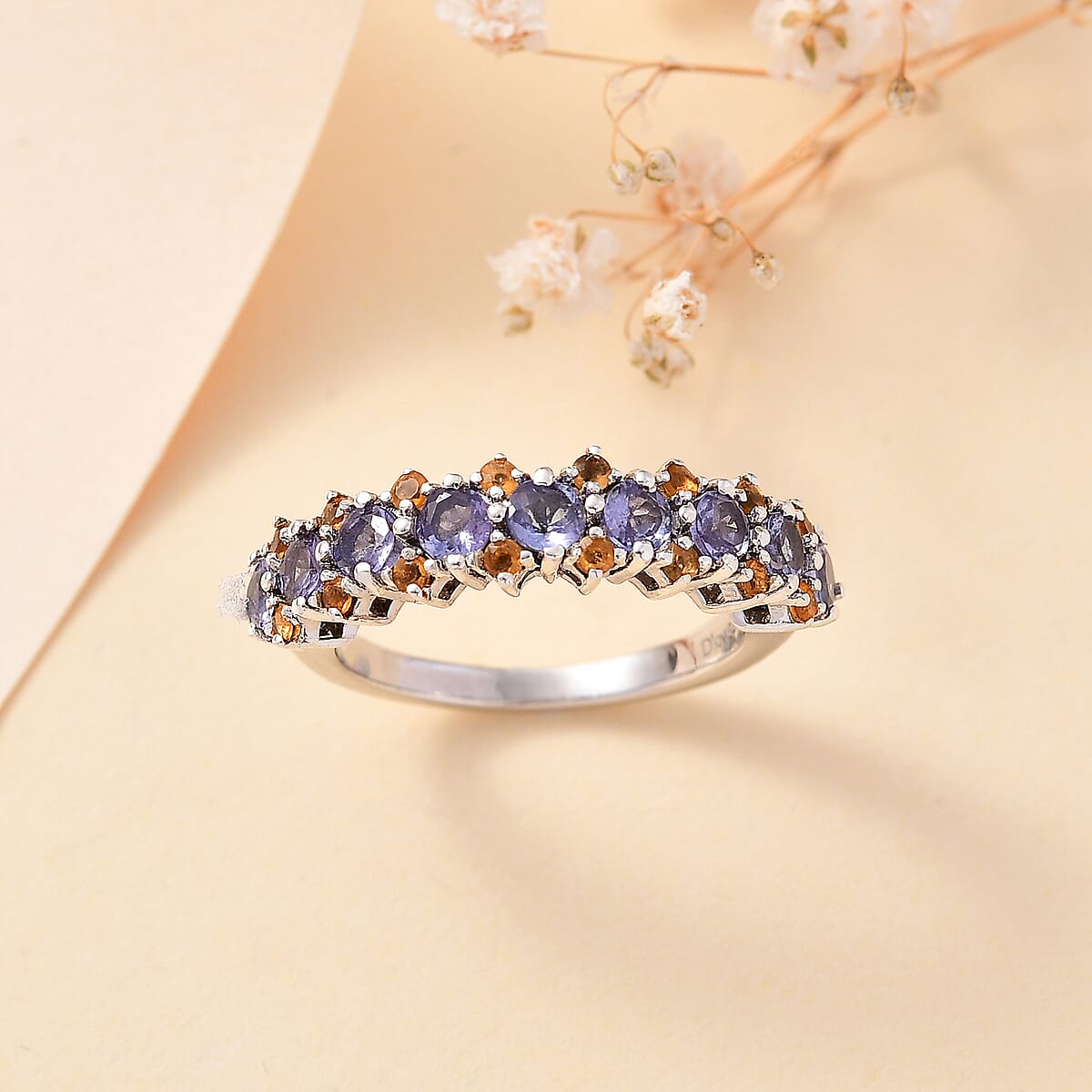 Tanzanite and Jalisco Fire Opal 1.20 ctw Sunset Ring in Rhodium Over Sterling Silver (Size 8.0) image number 1
