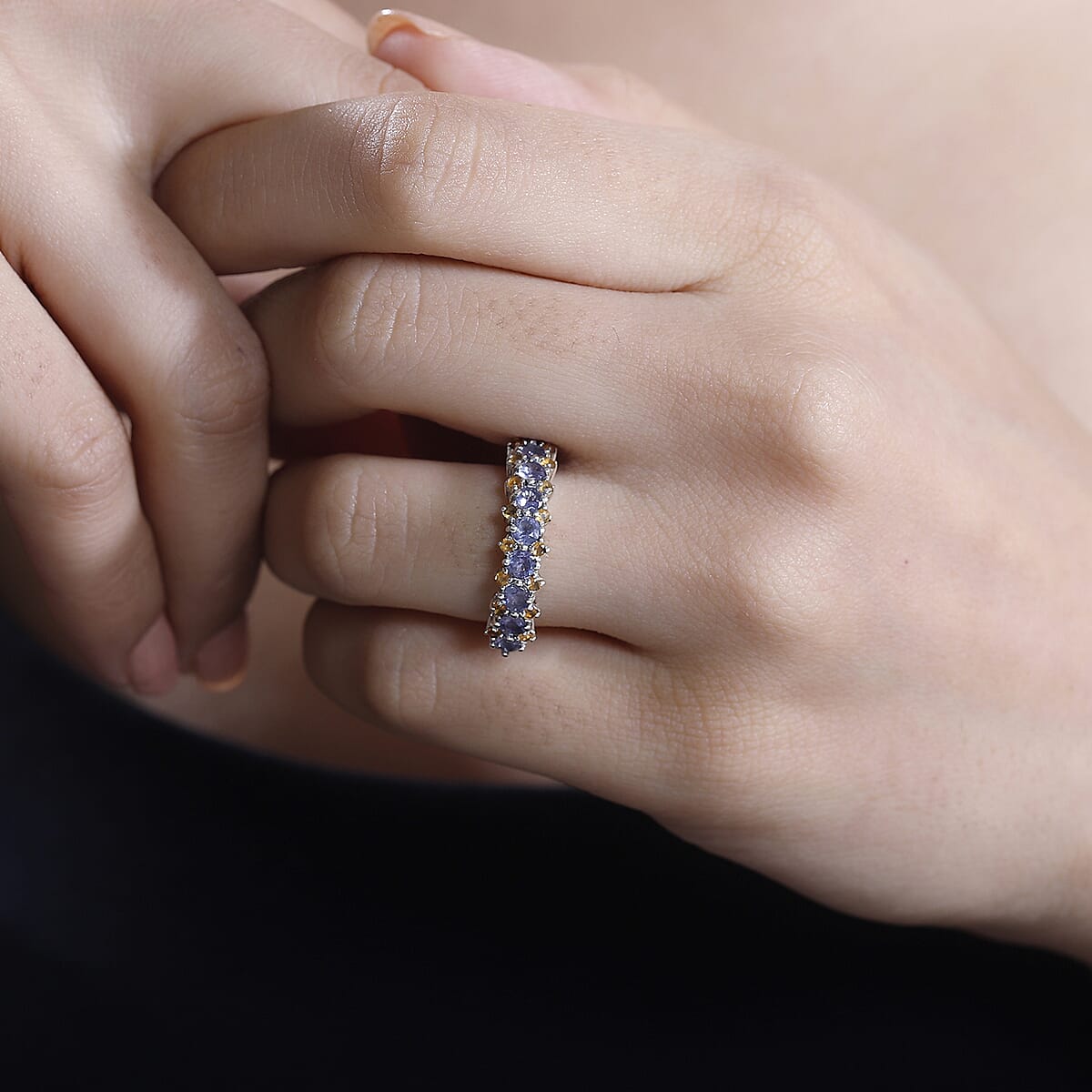 Tanzanite and Jalisco Fire Opal 1.20 ctw Sunset Ring in Rhodium Over Sterling Silver (Size 8.0) image number 2