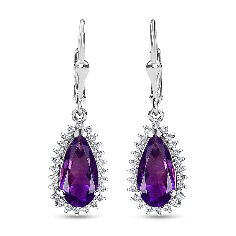 African Amethyst and White Zircon 4.10 ctw Lever Back Earrings in Rhodium Over Sterling Silver