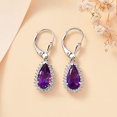 African Amethyst and White Zircon 4.10 ctw Lever Back Earrings in Rhodium Over Sterling Silver