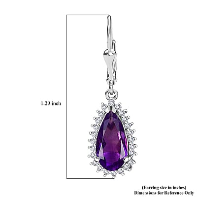 African Amethyst and White Zircon 4.10 ctw Lever Back Earrings in Rhodium Over Sterling Silver
