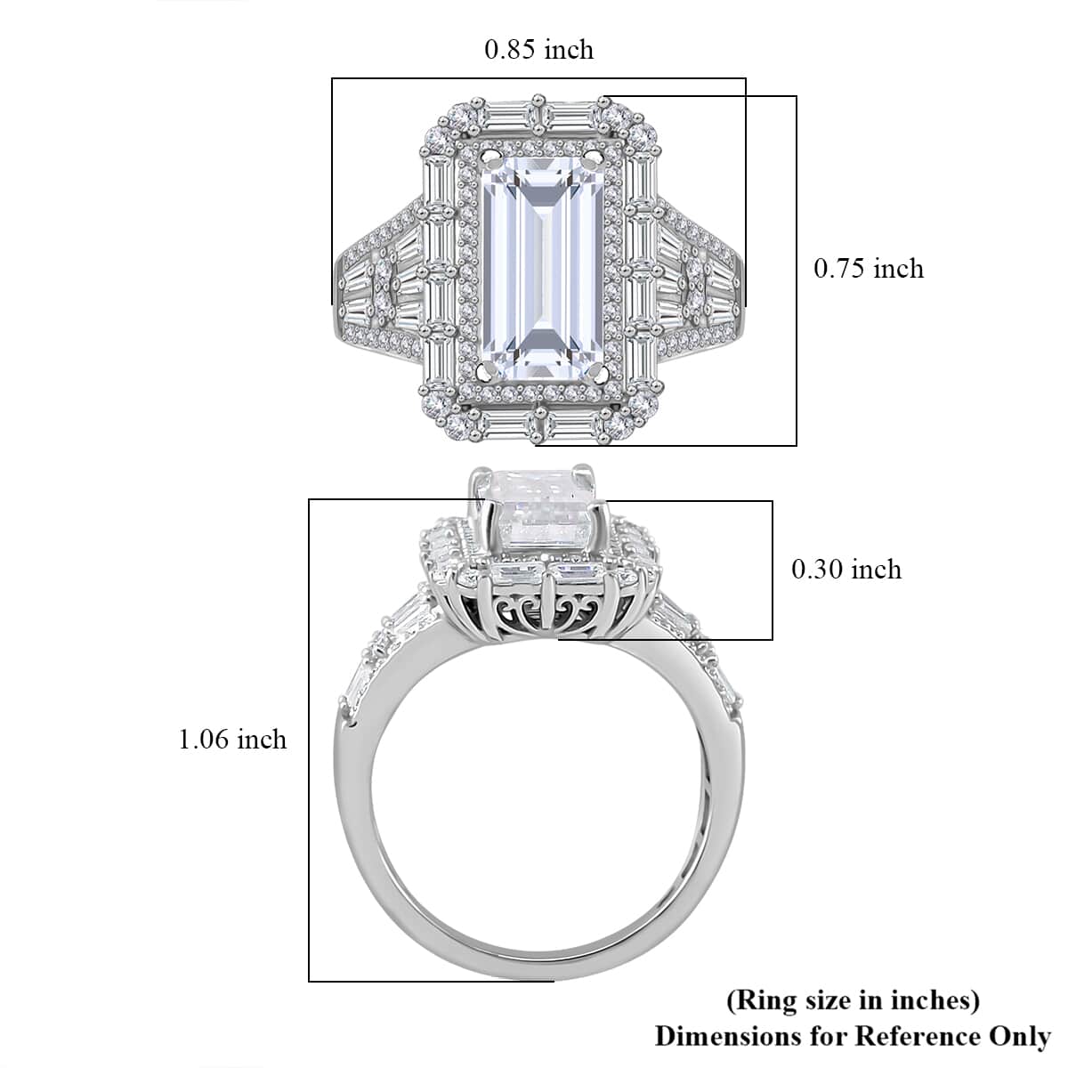 TLV Moissanite (Bgt 12x6mm) Baguette Shape Ring in Rhodium Over Sterling Silver (Size 10.0) 4.70 ctw image number 4