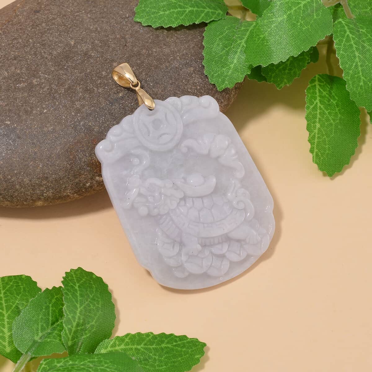 Natural Jade 90.00 ctw Dragon Turtle Carved Pendant in 10K Yellow Gold image number 1