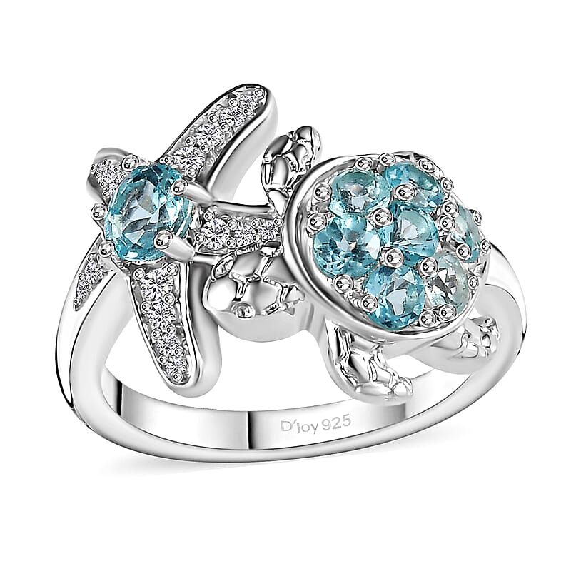 D'Joy Premium Betroka Blue Apatite and White Zircon 1.00 ctw Starfish Turtle Ring in Rhodium Over Sterling Silver (Size 10.0)