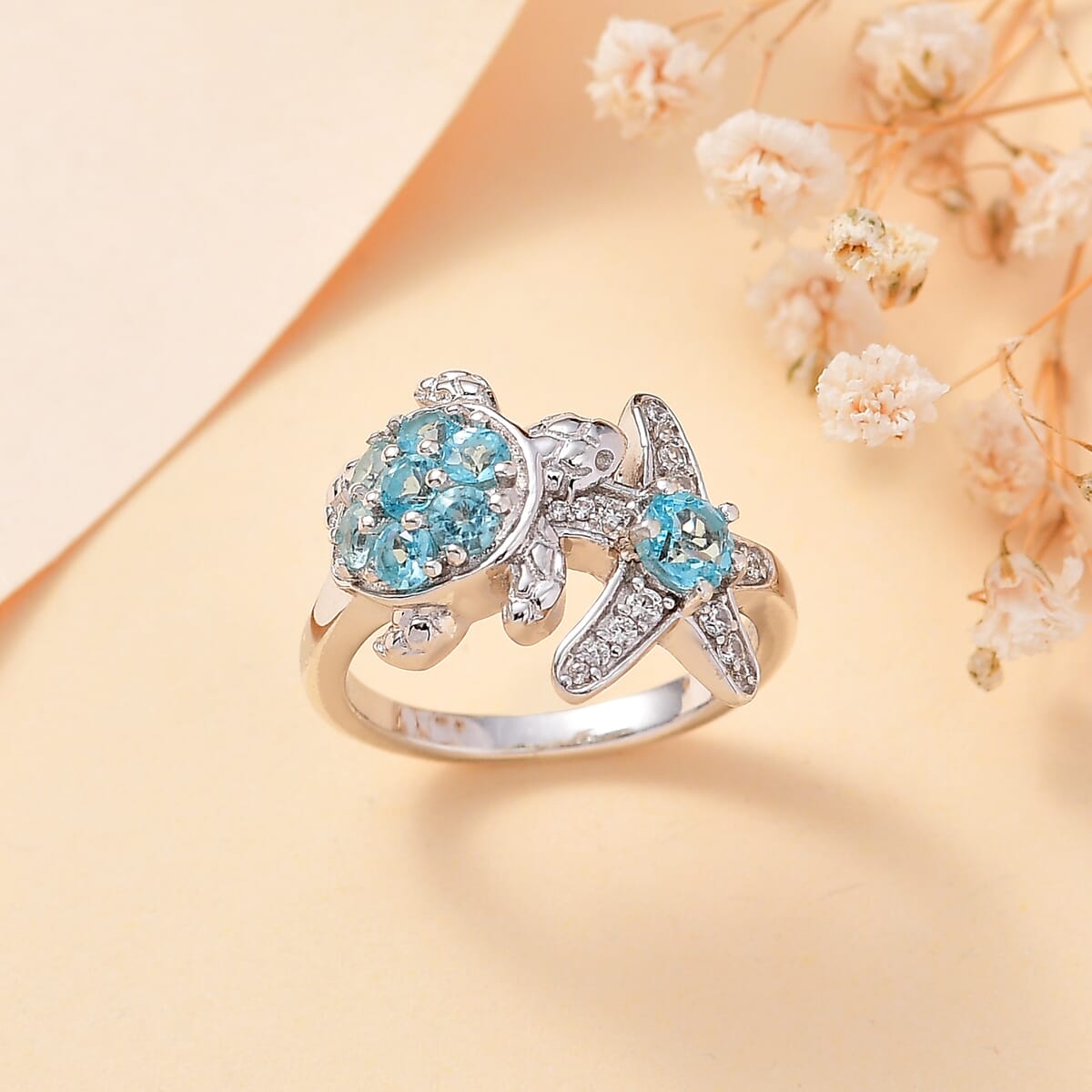 Premium Betroka Blue Apatite, White Zircon Starfish Turtle Ring in Rhodium Over Sterling Silver (Size 7.0) 1.00 ctw image number 1