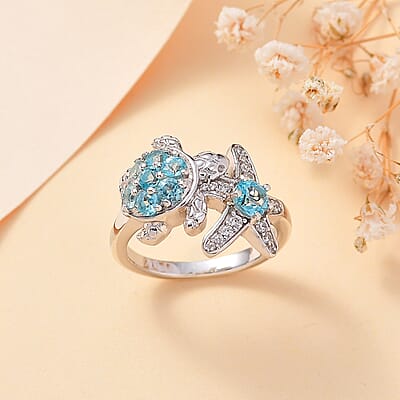 D'Joy Premium Betroka Blue Apatite and White Zircon 1.00 ctw Starfish Turtle Ring in Rhodium Over Sterling Silver (Size 10.0)