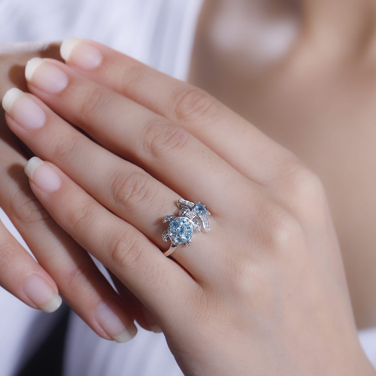Premium Betroka Blue Apatite, White Zircon Starfish Turtle Ring in Rhodium Over Sterling Silver (Size 7.0) 1.00 ctw image number 2