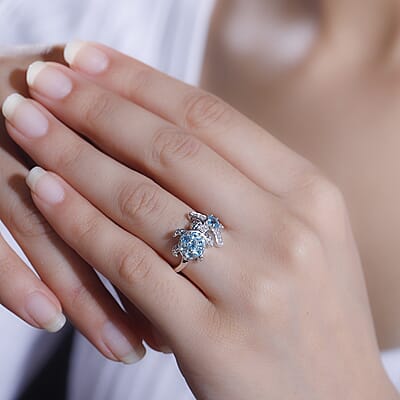 D'Joy Premium Betroka Blue Apatite and White Zircon 1.00 ctw Starfish Turtle Ring in Rhodium Over Sterling Silver (Size 10.0)
