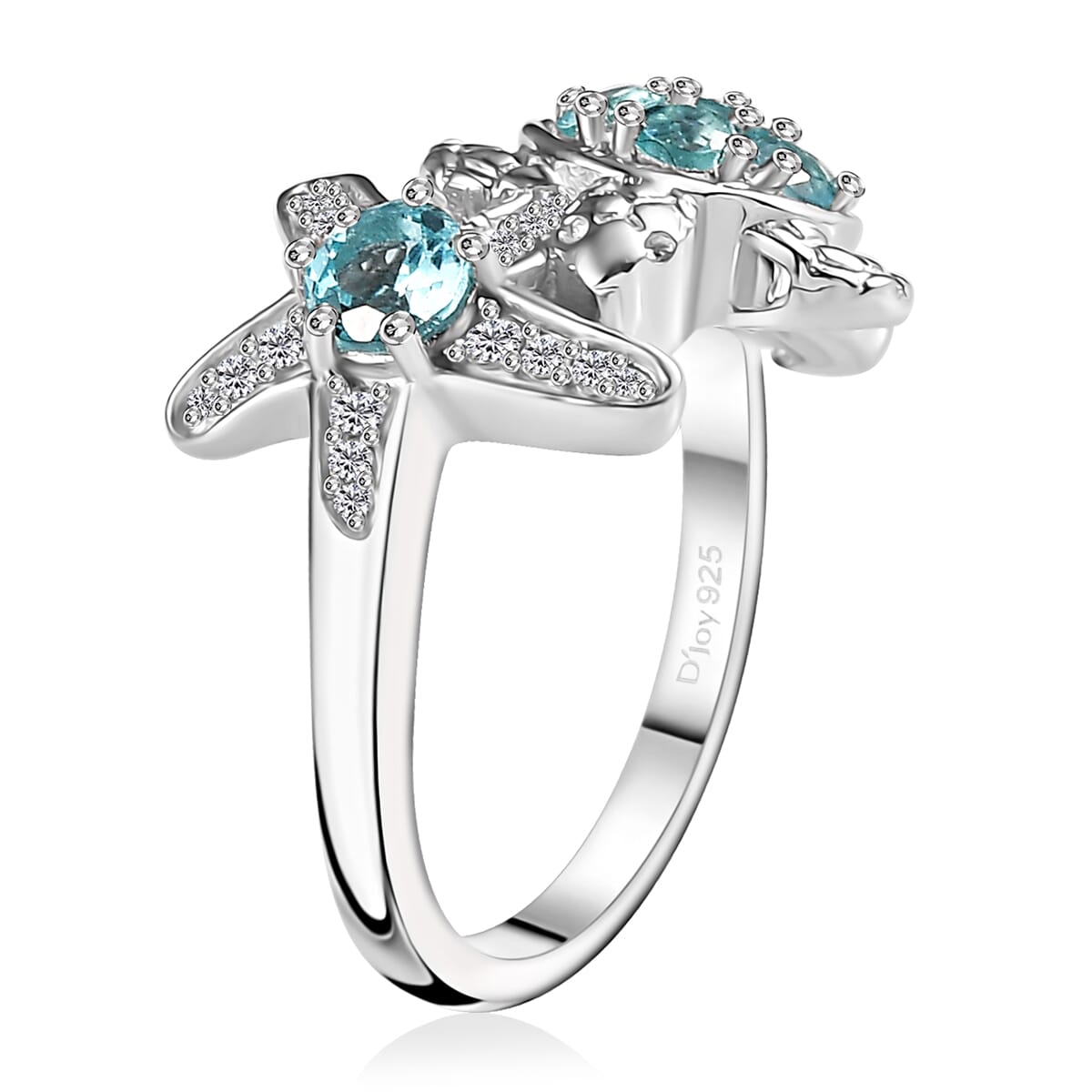 Premium Betroka Blue Apatite, White Zircon Starfish Turtle Ring in Rhodium Over Sterling Silver (Size 7.0) 1.00 ctw image number 3