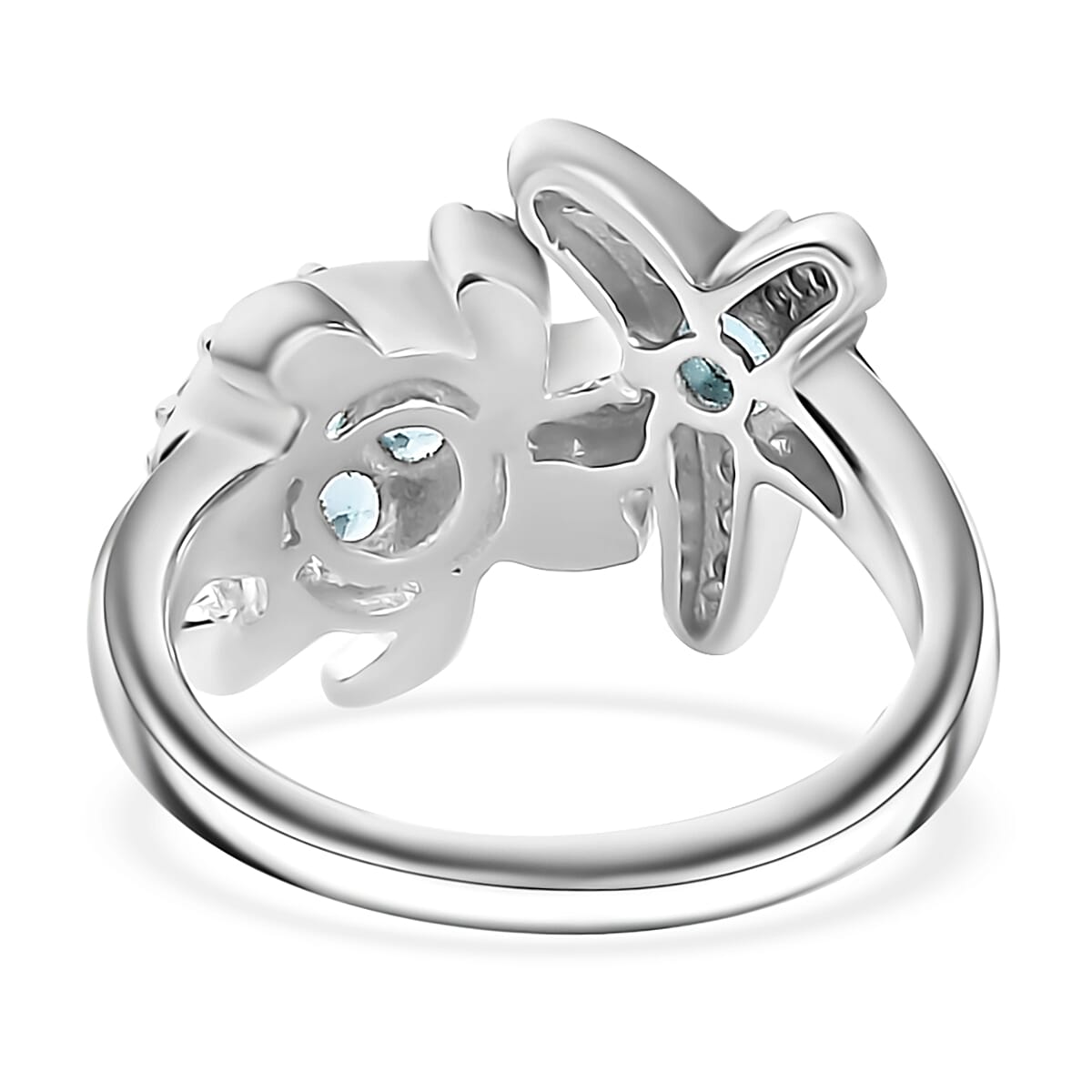 D'Joy Premium Betroka Blue Apatite and White Zircon 1.00 ctw Starfish Turtle Ring in Rhodium Over Sterling Silver (Size 10.0)