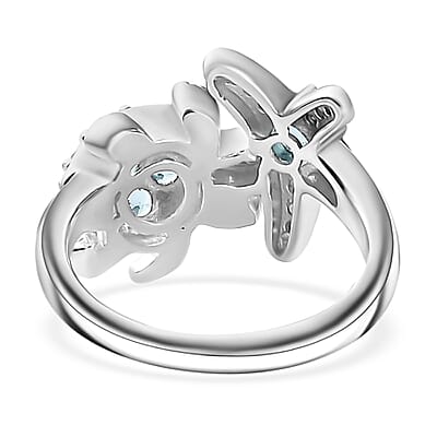D'Joy Premium Betroka Blue Apatite and White Zircon 1.00 ctw Starfish Turtle Ring in Rhodium Over Sterling Silver (Size 10.0)