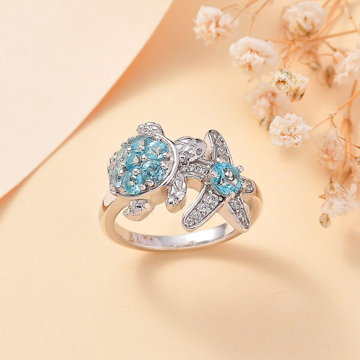 Premium Betroka Blue Apatite and White Zircon 1.00 ctw Starfish Turtle Ring in Rhodium Over Sterling Silver (Size 6.0) image number 1