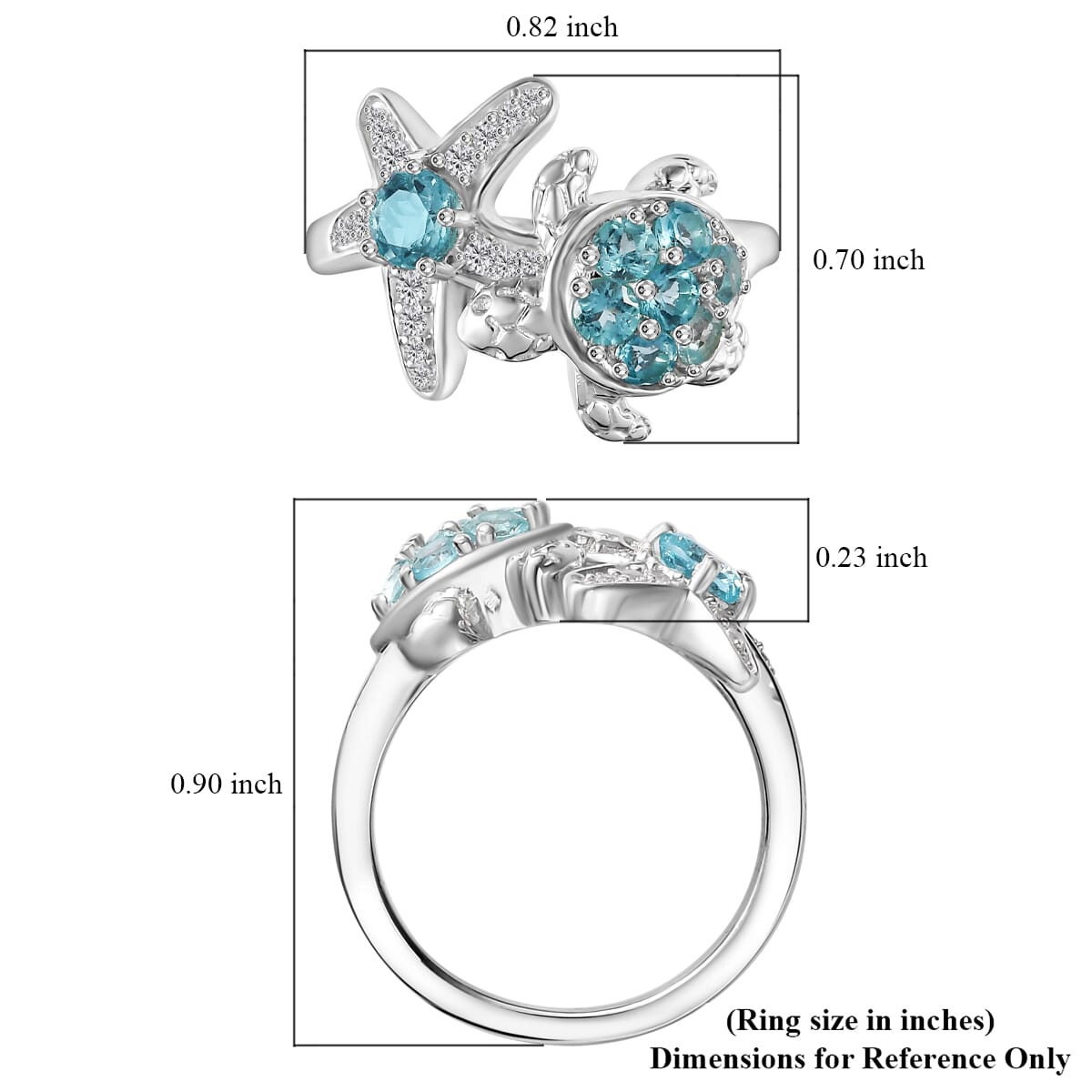 Premium Betroka Blue Apatite and White Zircon 1.00 ctw Starfish Turtle Ring in Rhodium Over Sterling Silver (Size 7.0) image number 5