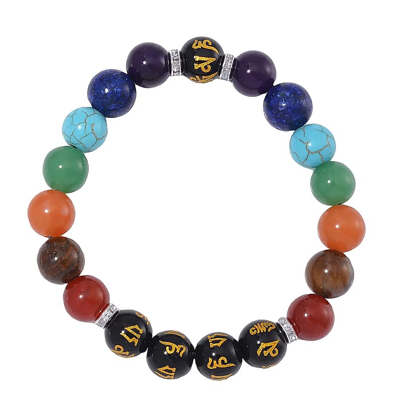 Multi Gemstone 170.00 ctw Beaded Stretch Chakra Bracelet in Stainless Steel