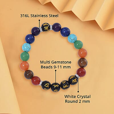 Multi Gemstone 170.00 ctw Beaded Stretch Chakra Bracelet in Stainless Steel
