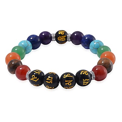 Multi Gemstone 170.00 ctw Beaded Stretch Chakra Bracelet in Stainless Steel