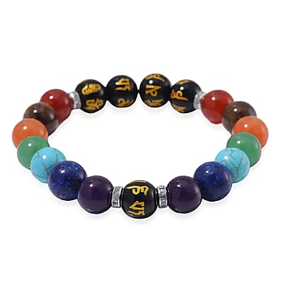 Multi Gemstone 170.00 ctw Beaded Stretch Chakra Bracelet in Stainless Steel