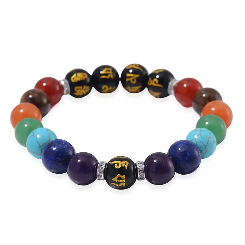 Multi Gemstone 170.00 ctw Beaded Stretch Chakra Bracelet in Stainless Steel