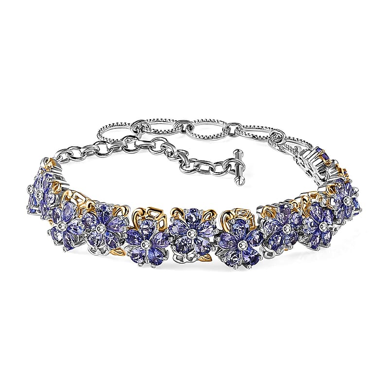 D'Joy Tanzanite 8.50 ctw Toggle Clasp Floral Bracelet in 18K Vermeil YG and Rhodium Over Sterling Silver (6.50-8.0In)